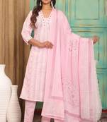 Pink women cotton printed aline kurta pant with dupatta set