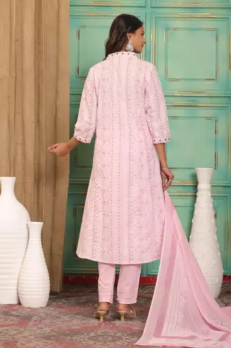 Pink women cotton printed aline kurta pant with dupatta set