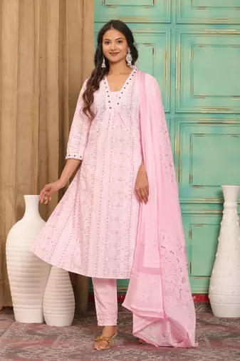 Pink women cotton printed aline kurta pant with dupatta set