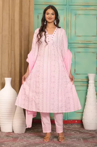 Pink women cotton printed aline kurta pant with dupatta set