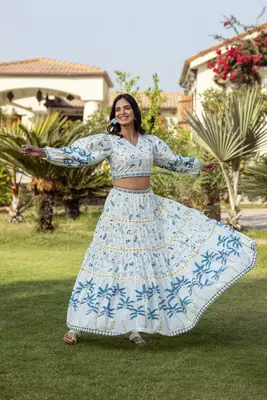 Blue Tropical Print Blouse with Skirt 1