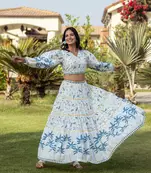 Blue Tropical Print Blouse with Skirt