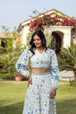 Blue Tropical Print Blouse with Skirt 3