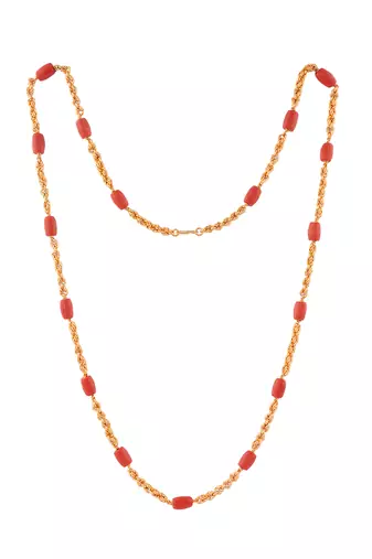 Golden handmade govardhana mudi necklace 30" with coral beads one gram gold