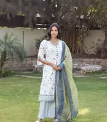 Grey Tropical Print and Stripes Kurta Set