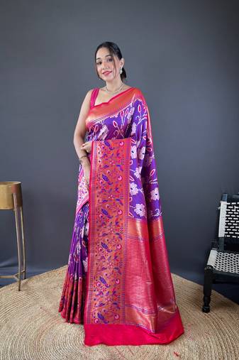 Purple  soft silk Blend saree with patola & contrast weaving border