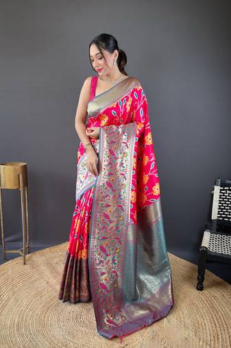Pink soft silk Blend saree with patola & contrast weaving border