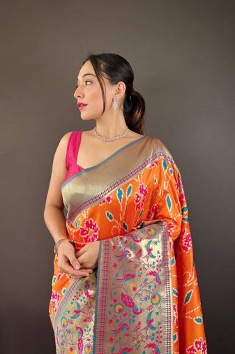 Orange soft silk Blend saree with patola & contrast weaving border