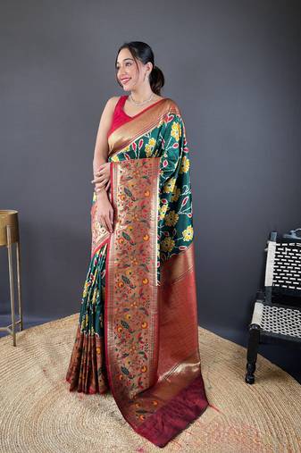 Green soft silk Blend saree with patola & contrast weaving border
