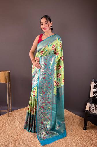 Pista soft silk Blend saree with patola & contrast weaving border