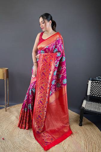 Rani pink soft silk Blend saree with patola & contrast weaving border