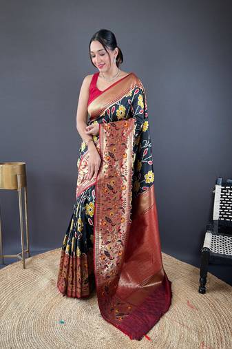 Black  soft silk Blend saree with patola & contrast weaving border