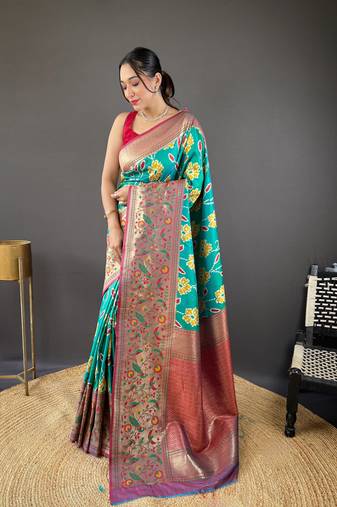 Rama green soft silk Blend saree with patola & contrast weaving border