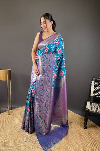 Sky blue soft silk Blend saree with patola & contrast weaving border