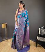 Sky blue soft silk Blend saree with patola & contrast weaving border