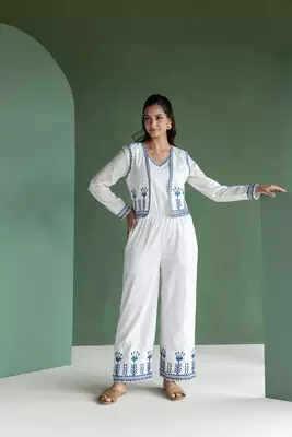 White Embroidered Jump suit with Crop Jacket 1