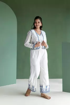 White Embroidered Jump suit with Crop Jacket 3