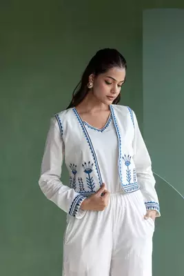 White Embroidered Jump suit with Crop Jacket 4