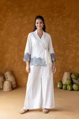 White Embroidered Wrap around Co ord Set 1