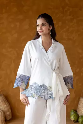 White Embroidered Wrap around Co ord Set 3