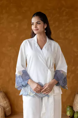 White Embroidered Wrap around Co ord Set 4