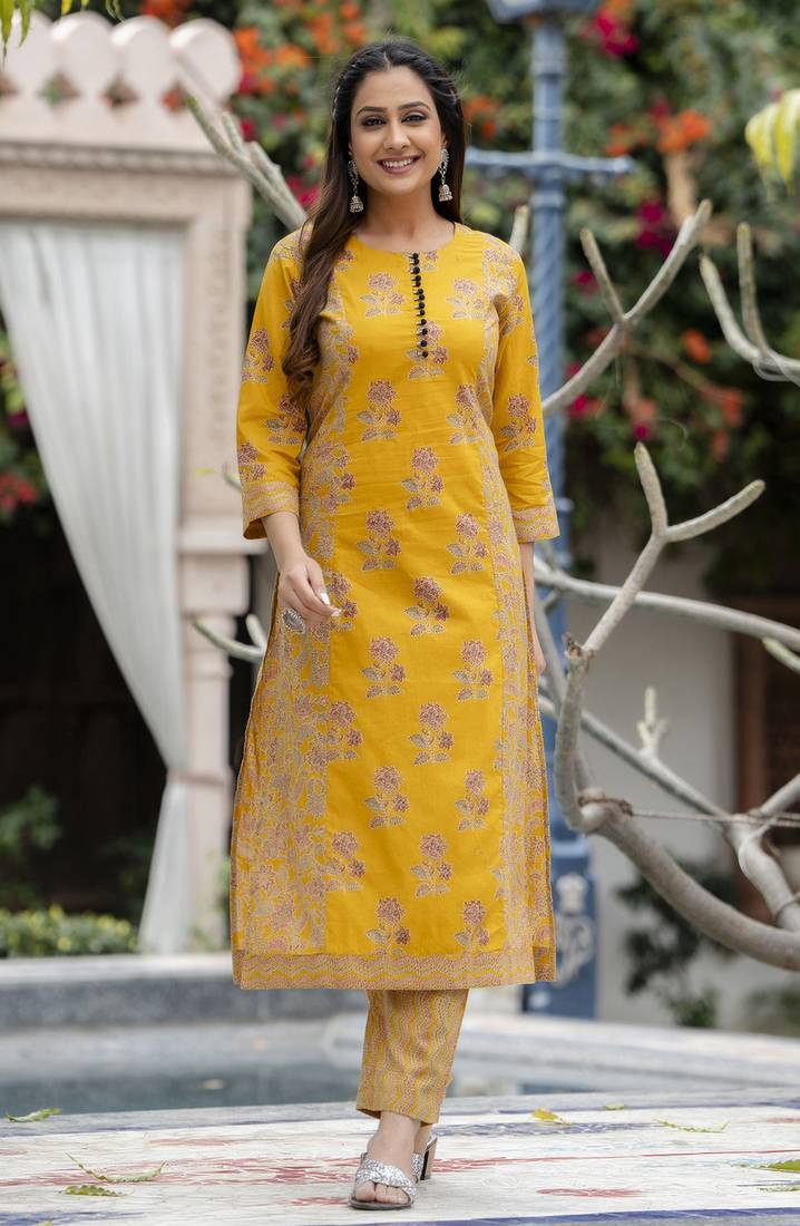 Yellow printed cotton long kurta set