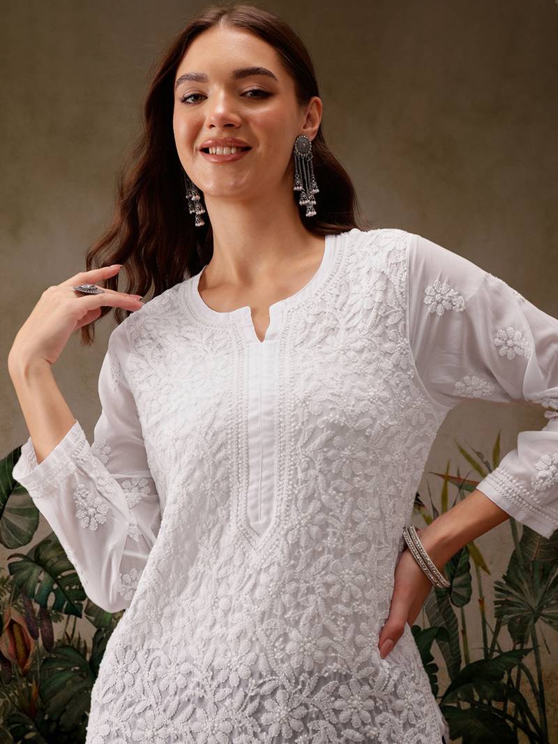 Hand Embroidered White Georgette Lucknow Chikankari Women Kurta