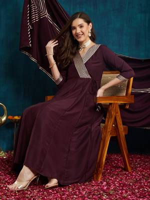 wine rayon anarkali dress with striped border design 1