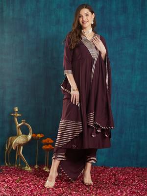 wine rayon anarkali dress with striped border design 2