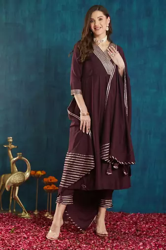 wine rayon anarkali dress with striped border design