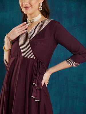 wine rayon anarkali dress with striped border design 3