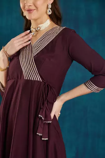 wine rayon anarkali dress with striped border design