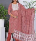 Maroon women lehariya printed embroidered aline kurta pant with dupatta set