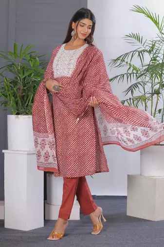 Maroon women lehariya printed embroidered aline kurta pant with dupatta set