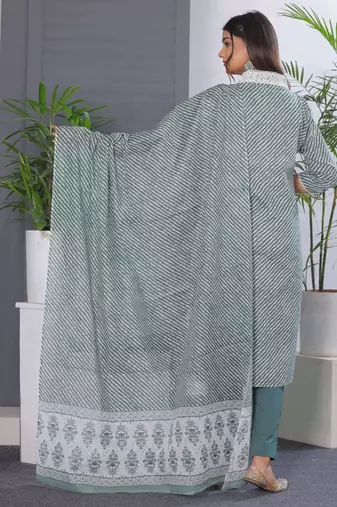 Lightgreen women lehariya printed embroidered aline kurta pant with dupatta set