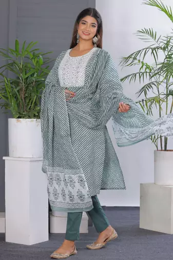 Lightgreen women lehariya printed embroidered aline kurta pant with dupatta set