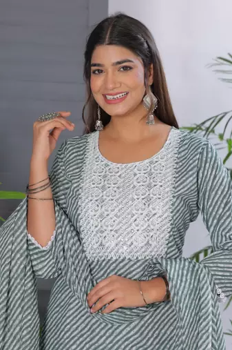 Lightgreen women lehariya printed embroidered aline kurta pant with dupatta set