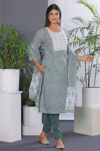 Lightgreen women lehariya printed embroidered aline kurta pant with dupatta set