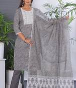 Grey women lehariya printed embroidered aline kurta pant with dupatta set