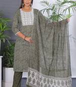 Olive women lehariya printed embroidered aline kurta pant with dupatta set
