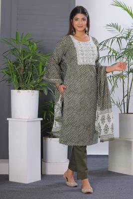 Olive women lehariya printed embroidered aline kurta pant with dupatta set 3