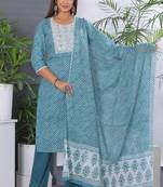 Seagreen women lehariya printed embroidered aline kurta pant with dupatta set