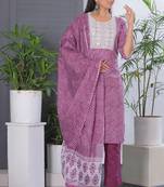 Purple women lehariya printed embroidered aline kurta pant with dupatta set