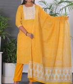 Yellow women lehariya printed embroidered aline kurta pant with dupatta set