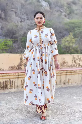 2 piece anarkali style, gathered waist gorgeous block print flared kurta and wrick wrack pant set.