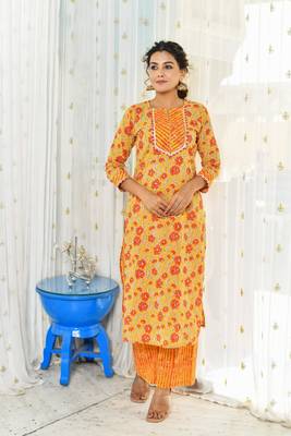 Yellow and orange 2 piece floral regular fit kurta and orange stripped palazzo 1