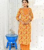 Yellow and orange 2 piece floral regular fit kurta and orange stripped palazzo