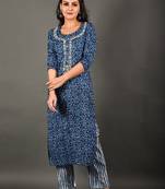 Indigo piece is an evergreen piece and comes with beautiful zardozi work with blue striped pants.