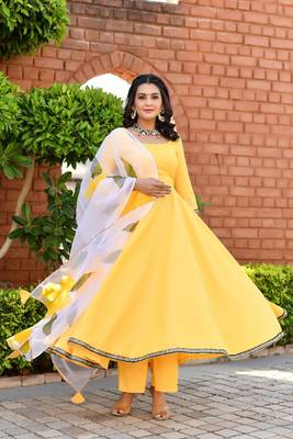 mango yellow empire cut anarkali set with floral organza dupatta 1