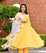 mango yellow empire cut anarkali set with floral organza dupatta